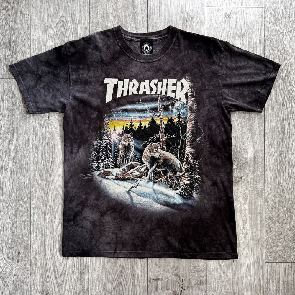 Thrasher Magazine 13 Wolves Tee Black Tie Dye Size L Skateboard T-Shirt RARE DS